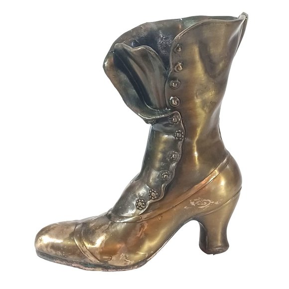 Vintage Victorian Brass Boot Heel Lace Up Shoe Vase Planter Matchstick Holder - Picture 1 of 9